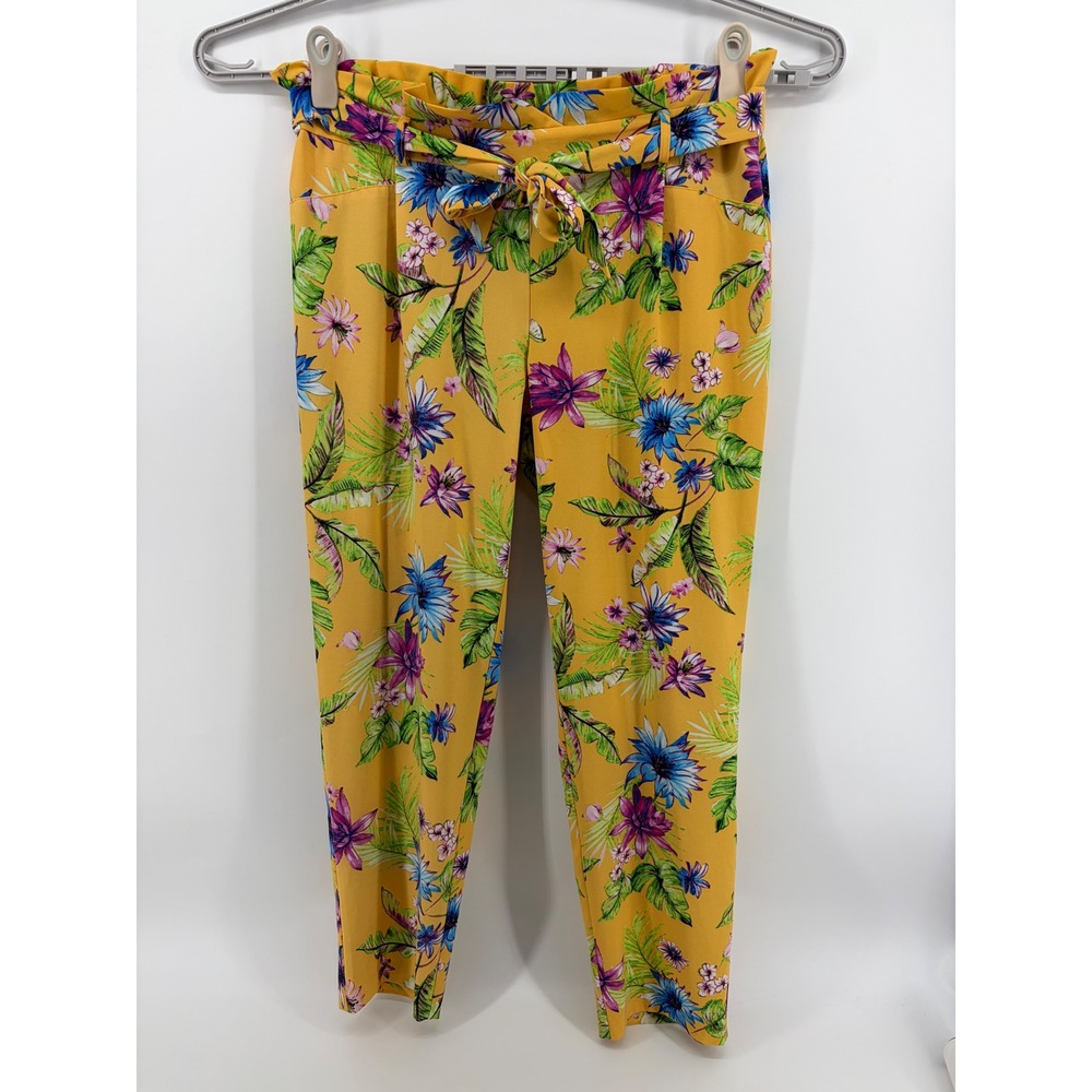 Soho Apparel Ltd Womens XL Yellow Floral Paperbag Waist Tapered Leg Pants